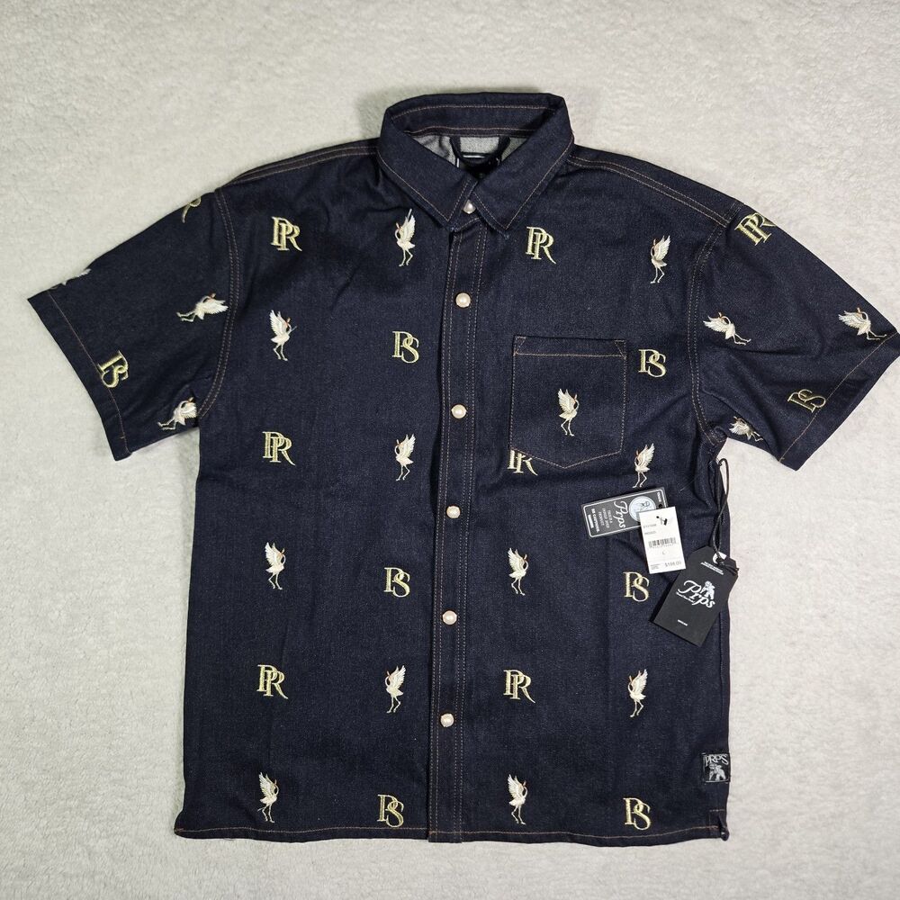 $198 PRPS Mens‎ Large Fukue Embroidered Short Sleeve Denim Button Snap Shirt L